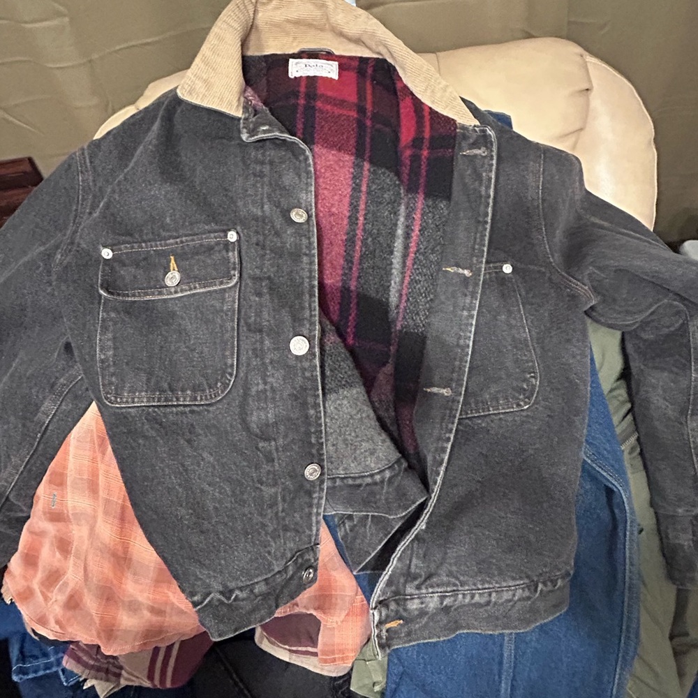 Vintage Ralph Lauren trucker jean jacket Charcoal  with Plaid wool Interior,